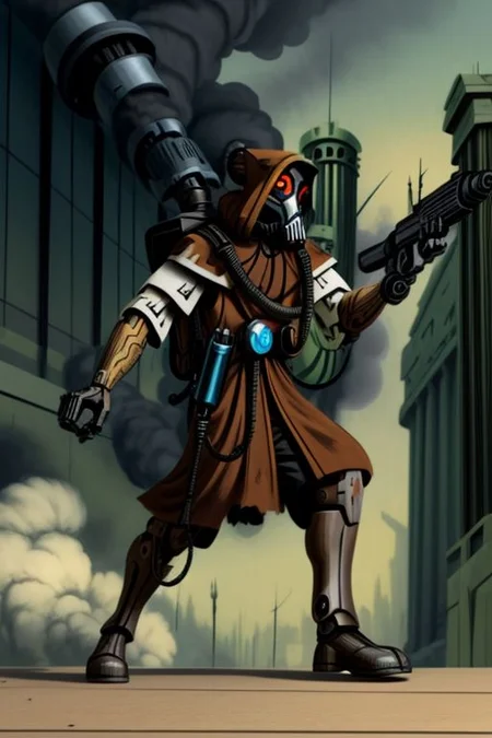 ((masterpiece,best quality)), absurdres, BREAK
mechanical arms, robes, hood, BREAK
((techpriest)), cyborg, mechanical face, mechanical limbs, gas mask, mechanical tentacles, (mechanical backpack), BREAK
1other, solo, holding pistol, firearm, handgun, pistol, gun, BREAK
factory background, smoggy sky, air pollution, smokestacks, BREAK
(tcw2003 style)