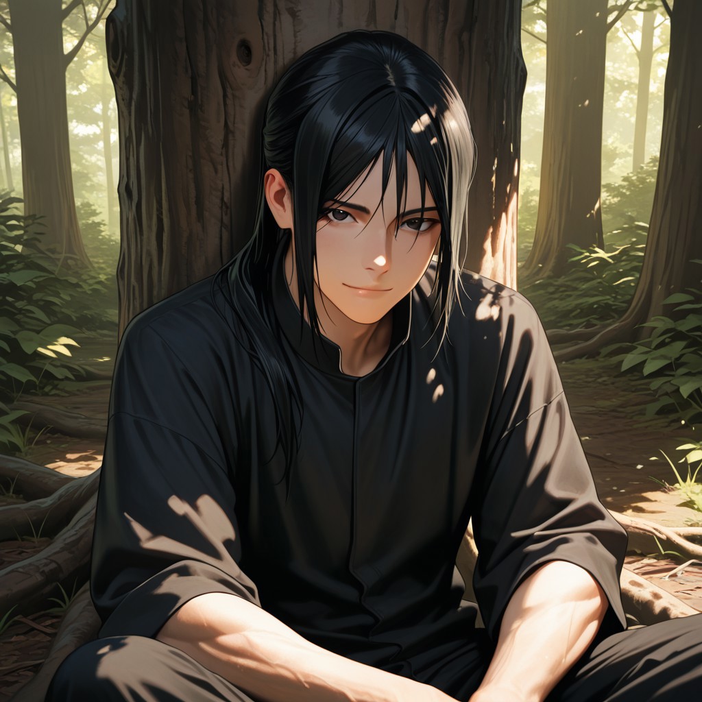 masterpiece, best quality, amazing quality, absurdres, newest, detailed background, definition so sharp, Ultra-HD, 8K cinematic, very awa, impressionate, amazing quality, highres, 
solo, male focus, manly, 
kurohyatogami, kuroh_black hair, kuroh_black eyes, 1boy, low tied hair, long hair, 
looking at viewer, soft smile, sitting, leaning against a tree, forest, dappled sunlight, peaceful, calm, warm, caring, cool, relaxed