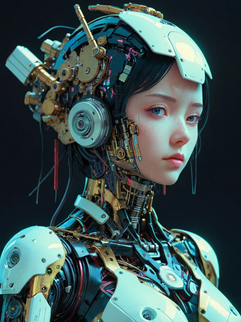 surreal illustration, by yoshitaka amano, by ruan jia, (by conrad roset:1.55), by Kilian Eng, by good smile company, detailed anime 3d render of a female mechanical android, portrait, cgsociety, artstation, modular patterned mechanical costume and headpiece, retrowave atmosphere cinematic lighting