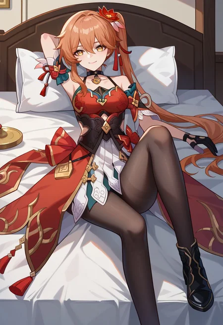 score_9, score_8_up, score_7_up, source_anime, 1girl, guinaifendef, yellow eyes, orange hair, long hair, hair between eyes, side ponytail, hair ornament, hair flower, black choker, bare shoulders, detached sleeves, red dress, chinese clothes, black gloves, black pantyhose, black footwear, high heels, boots, lying, on back, on bed, arm up, closed mouth, smile, looking at viewer, indoors, bedroom, pillow, close-up, facing viewer, <lora:Guinaifen_v1-000010:1>