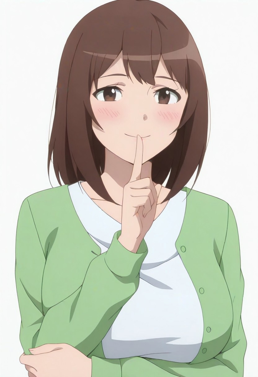 rihosasaki, brown hair, brown eyes, shirt, green jacket, collarbone, anime screencap, big breasts, masterpiece, best quality, very aesthetic, absurdres, highres, (white background), (from side:0.3), smile, blush, looking at viewer, shushing, arm under breasts, upper body,