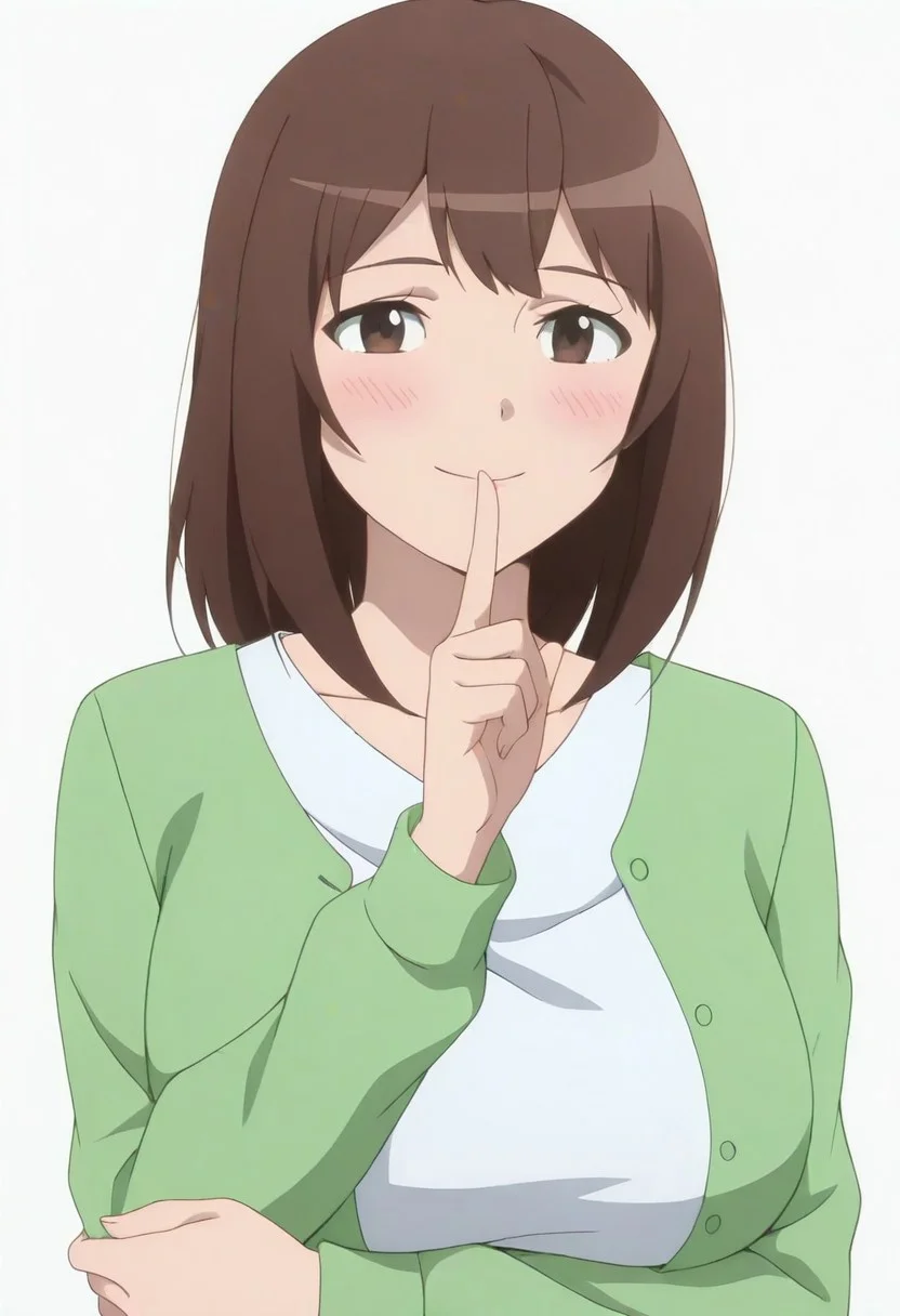 rihosasaki, brown hair, brown eyes, shirt, green jacket, collarbone, anime screencap, big breasts, masterpiece, best quality, very aesthetic, absurdres, highres, (white background), (from side:0.3), smile, blush, looking at viewer, shushing, arm under breasts, upper body,