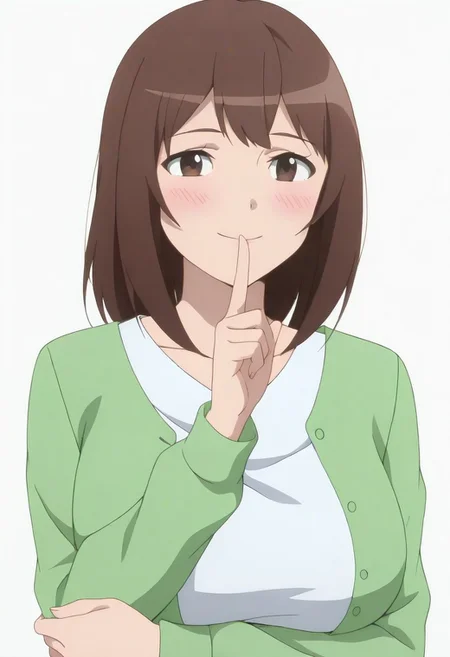 rihosasaki, brown hair, brown eyes, shirt, green jacket, collarbone, anime screencap, big breasts, masterpiece, best quality, very aesthetic, absurdres, highres, (white background), (from side:0.3), smile, blush, looking at viewer, shushing, arm under breasts, upper body,