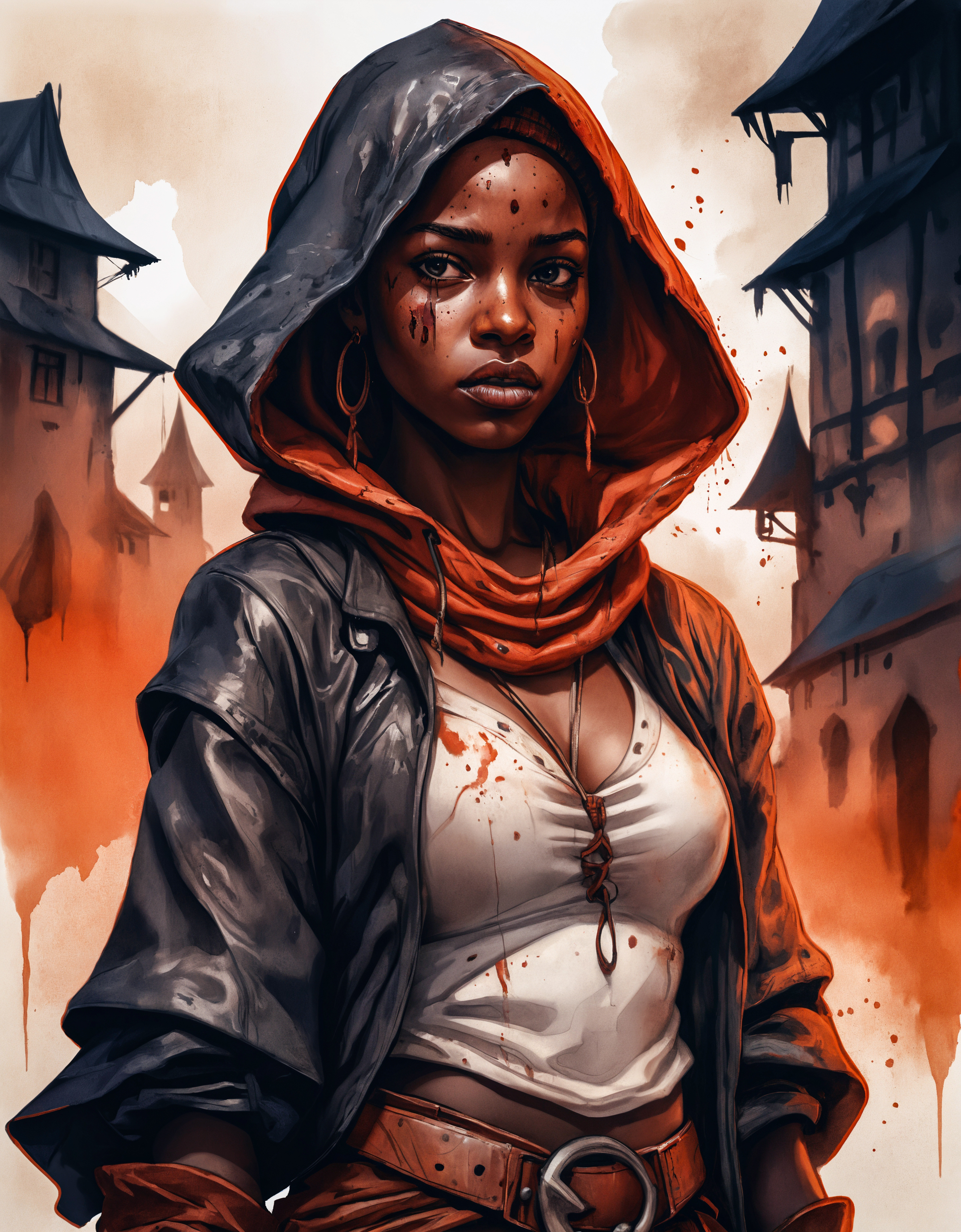 (Ink illustration on parchment). coal skies painted in vibrant shades of red and orange, a lone young woman ina massive medieval city, fantasy rogue outfit, lickers of magical energy, Ink splashes, rough ink sketch, moody, gloomy, high contrast, stylized, dark skin, close up on face, leather medieval top with lowered hood, Art Nouveau Style, face portrait close up, African girl with intense expression, freckles