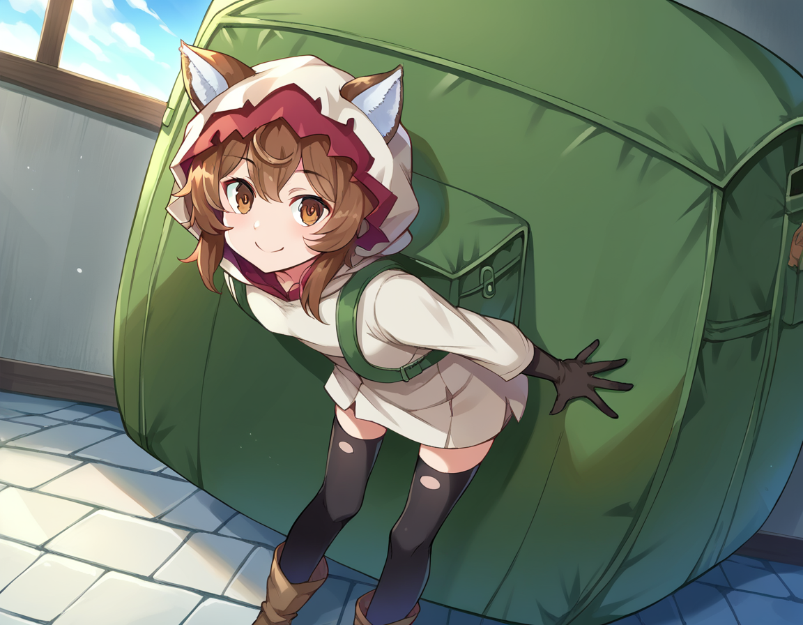 score_9, score_8_up, score_7_up, source_anime,
lilirucaarde, <lora:liliruca-arde-ponyxl-lora-nochekaiser:1>
liliruca arde, animal ears, brown eyes, brown hair, short hair,
backpack, bag, black gloves, boots, gloves, hood, thighhighs,
indoors, nature, smile, bent over,
looking at viewer, dutch angle, cowboy shot