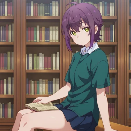 nsfw, masterpiece, best quality, 1girl, solo, the_dreaming_boy_is_a_realist_kei_ashida, sitting, read, ahoge, purple hair, shirt, short hair, green shirt, looking at viewer, short sleeves, skirt, closed mouth, bangs, library, <lora:Kei_Ashida_-_The_Dreaming_Boy_Is_a_Realist:0.7>