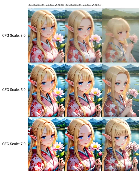 <lora:illustriousXL_stabilizer_v1.72:0.8>1girl,blonde hair,long hair,pointy ears,upper body,print kimono,holding flower,sakura,close-up,outdoors,lake,masterpiece,mountainous horizon,