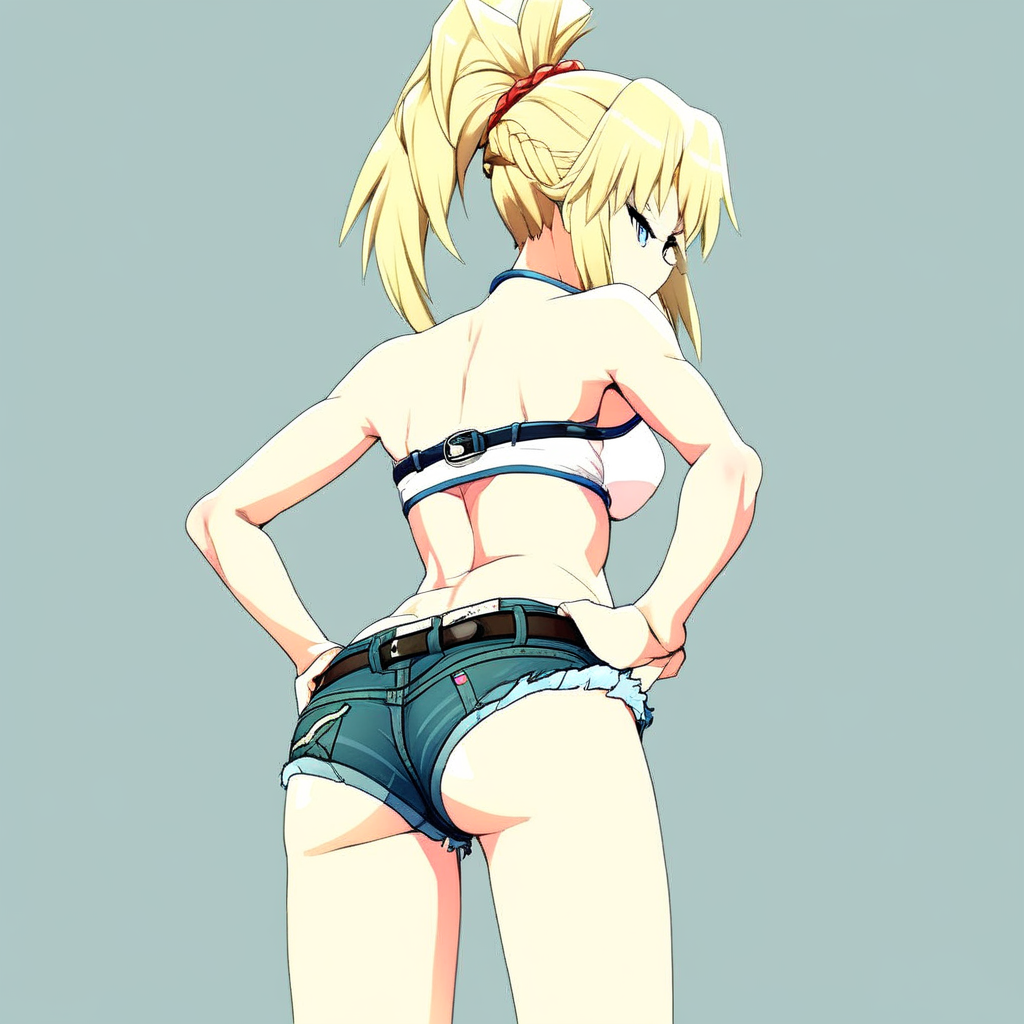 MORDRED PENDRAGON, MORDRED, 1GIRL, ASS, BLONDE HAIR, SOLO, PONYTAIL, DENIM THONG, DENIM SHORTS, HAND ON HIP, LARGE BREASTS, BRAID, BELT, SIMPLE BACKGROUND, MICRO SHORTS, FATE GRAND ORDER