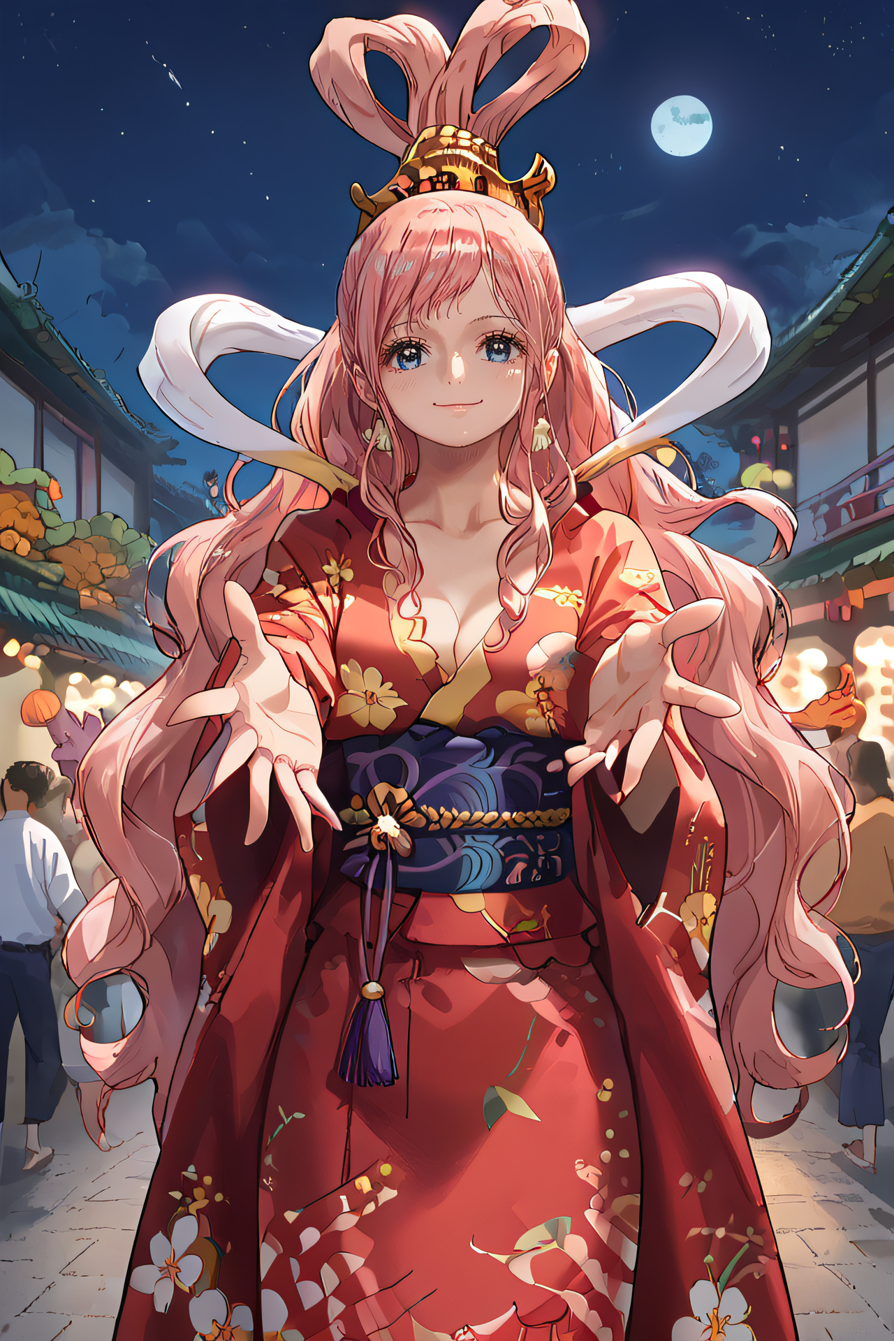 score_9, score_8_up, source_anime,
shirahoshi, very long hair, pink hair, hair rings, hair ornament, mermaid,
kimono, yukata, obi, summer festival, standing, cowboy shot, smile, closed mouth, night, reaching towards viewer,
<lora:Smooth Style 2 SDXL_LoRA_Pony Diffusion V6 XL:0.8>  <lora:shirahoshi:1>