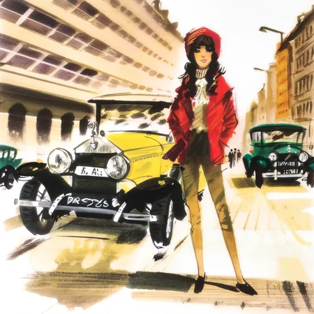 grabianski girl stands next to an old car in a big city<lora:grabianski:1>