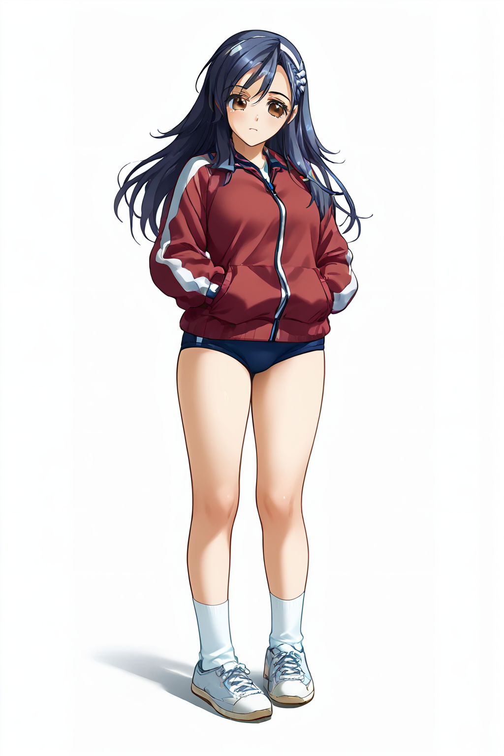 score_9, score_8_up, score_7_up,source_anime,standing,simple background, full body, zPDXL3, <lora:Kusunoki_Kazuha:.8>KusunokiKazuha, 1girl,  long hair, hair ornament, bow, brown eyes,blue hair,
socks,sneakers, gym uniform, red track jacket,  blue buruma,open jacket,