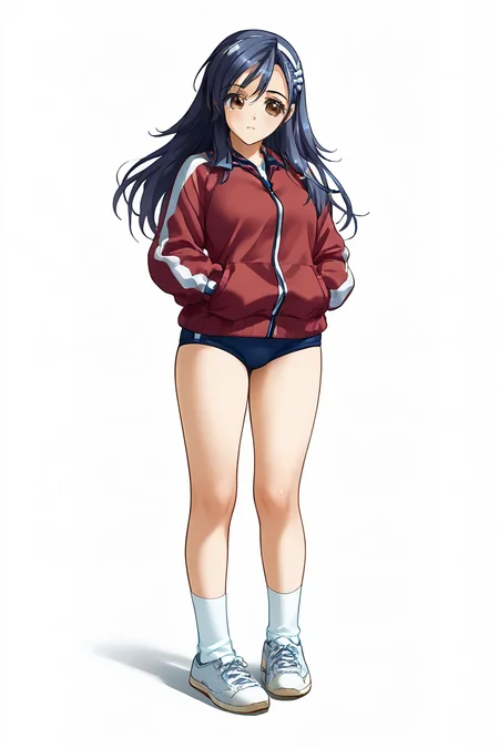 score_9, score_8_up, score_7_up,source_anime,standing,simple background, full body, zPDXL3, <lora:Kusunoki_Kazuha:.8>KusunokiKazuha, 1girl,  long hair, hair ornament, bow, brown eyes,blue hair,
socks,sneakers, gym uniform, red track jacket,  blue buruma,open jacket,