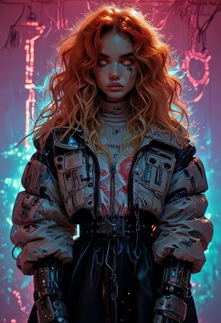 score_7_up, (score_9:1.1), (ugly:0.9),(pretty:1.4),1woman, adult, realistic, realism, hyper realistic, sparkling hair, floaty hair, wavy hair, (soft light coloured hair:1.3), (red iris, glowing iris, neon white pupils:1.3), looking at viewer, big hair, huge afro, zero gravity hair, detailed, perfect, perfection, hands, big scar across face,
BREAK,
((extra_puffy_jacket, black skirt, glossy lips, shiny skin)), full lips, hands behind back, (upper body:1.9),  blocky shape cybernetics, cybernetics, cybernetic skin, raised eyebrow, pale skin, ((snub nose:1.4)), breasts, (prominent abs:1.1), focus upper body,  sweating, 
BREAK,
(neon background, future slums, neon, cybernetic background, mist:1.3),(cybernetic mechanical arm, prosthesis:1.3),