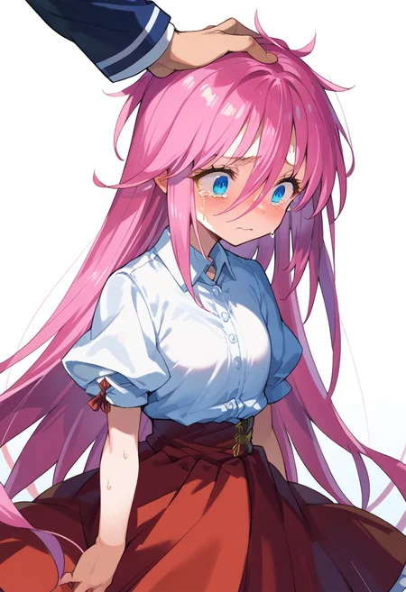 score_9, score_8_up, score_7_up, source anime, kurusu miki, 1girl, long hair, blue eyes, red skirt, pink hair, blush, breasts, very long hair, hair between eyes, white shirt, solo, puffy short sleeves, hand on forehead, tearing up, sweat, white background, <lora:kurusu_miki-xl-pony-v1:1>,