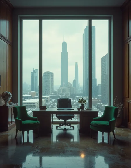 Cinematic scene of a dystopian cityscape with skyscrapers, industrial vibes, cloudy sky, office room, traditional office desk with wooden walls, but yet with touch of futuristic tech, green velvet seats in front of desk, the floor to ceiling windows overlooking the skyline,
luxurious and art deco while yet dystopian.
<lora:80s_Fantasy_Movie:1> ArsMovieStill, 80s Fantasy Movie Still