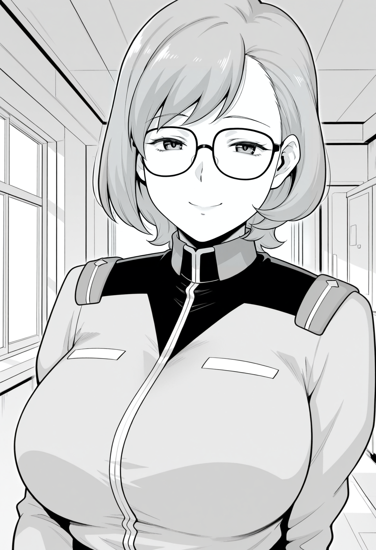 1girl,solo,mm,mature female,glasses,short hair,large breasts,greyscale, monochrome, 
uniform,military uniform,upper body, looking at viewer, smile,indoors
,masterpiece,best quality,amazing quality,<lora:Usurai_Amiez-Gundam_F90FF:0.8>