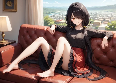score_9, score_8_up, score_7_up, score_6_up, score_5_up, score_4_up, , scenery, masterpiece,  best quality, very aesthetic,, 
,  looking at viewer, laying, modeling on sofa,  <lora:Kurumi_Tokisaki:0.8> black hair, red eye, long hair, twintails, hair over one eye, yellow eye, heterochromia, clock eye, red shirt, plated skirt, black shirt, sitting, smiling,legs kicking,