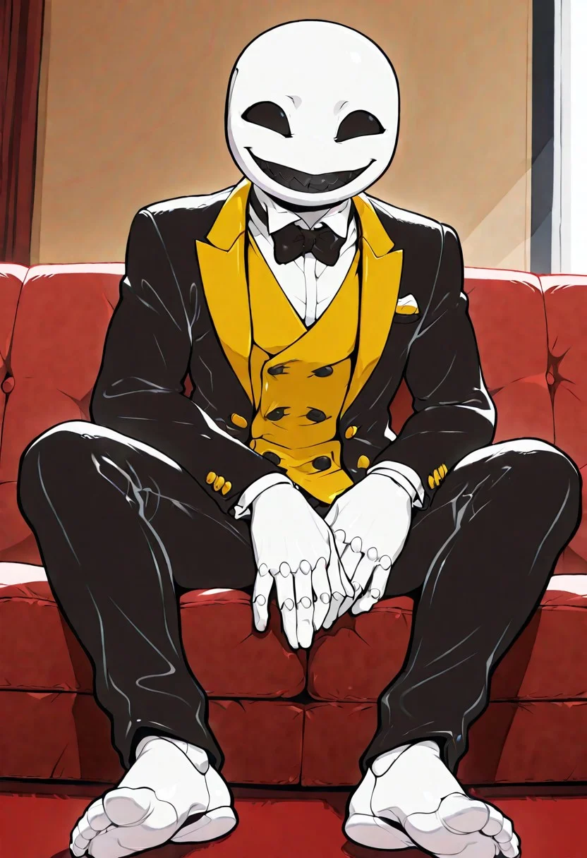 (((beautiful, high quality))), score_9, score_8_up, score_7_up, score_9, score_8_up, score_8, masterpiece, best quality, unrealistically high details, extremely high quality, ultra high detail, good anatomy, best shading, best lighting, ((1boy, solo)), Expressiveh,
Carapacian, male, white skin, black eyes, black teeth, wearing a yellow butler uniform with blue and pink accent colors, smiling, in a bedroom, sitting on a couch,