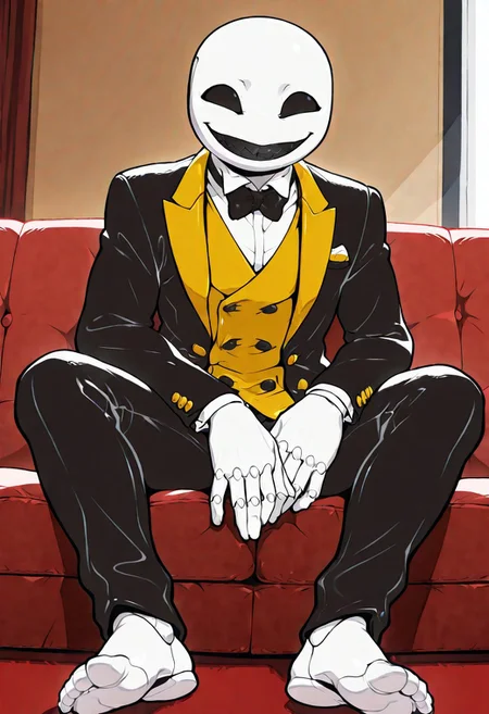 (((beautiful, high quality))), score_9, score_8_up, score_7_up, score_9, score_8_up, score_8, masterpiece, best quality, unrealistically high details, extremely high quality, ultra high detail, good anatomy, best shading, best lighting, ((1boy, solo)), Expressiveh,
Carapacian, male, white skin, black eyes, black teeth, wearing a yellow butler uniform with blue and pink accent colors, smiling, in a bedroom, sitting on a couch,