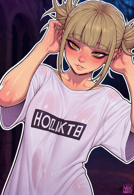 masterpiece,best quality,amazing quality,
artist: melkor,, (artist: incase:0.7), white outline glow, long wet hair, chromatic abberation, blurred background, dimmed background,
1 girl,  alluring, pose,  
Himiko Toga,
 default clothing,  default location,
detailed character, detailed face, detailed skin, detailed hair, detailed clothing,