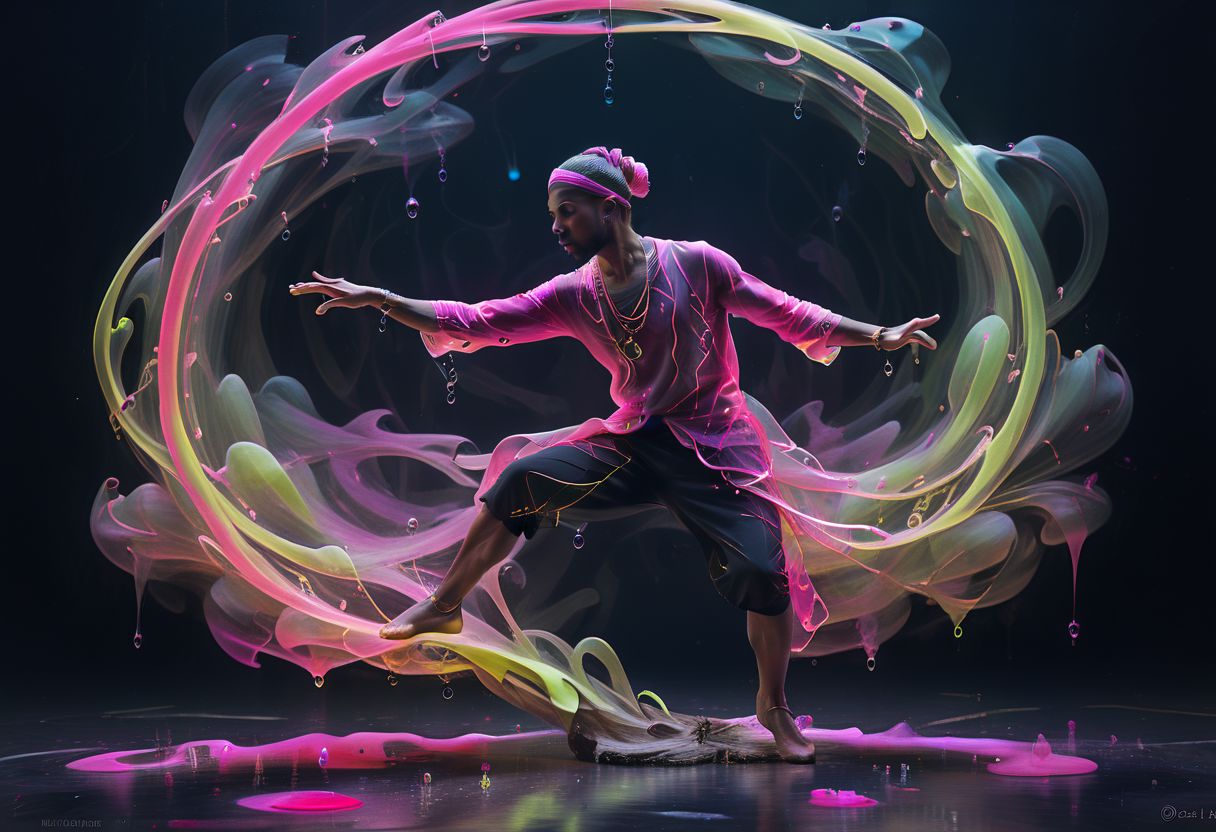 arttrdrm, Roots, Leaves, Trunk, Branches, male  modern hip hop ballet, dancer in the dark with bubbles, neon highlights, motion photography, time lapse. Structured and layered geometries, sharp, hot pink, lazy lime,  ocher, shorts, piercing, arabic, twirl, ring, white, black