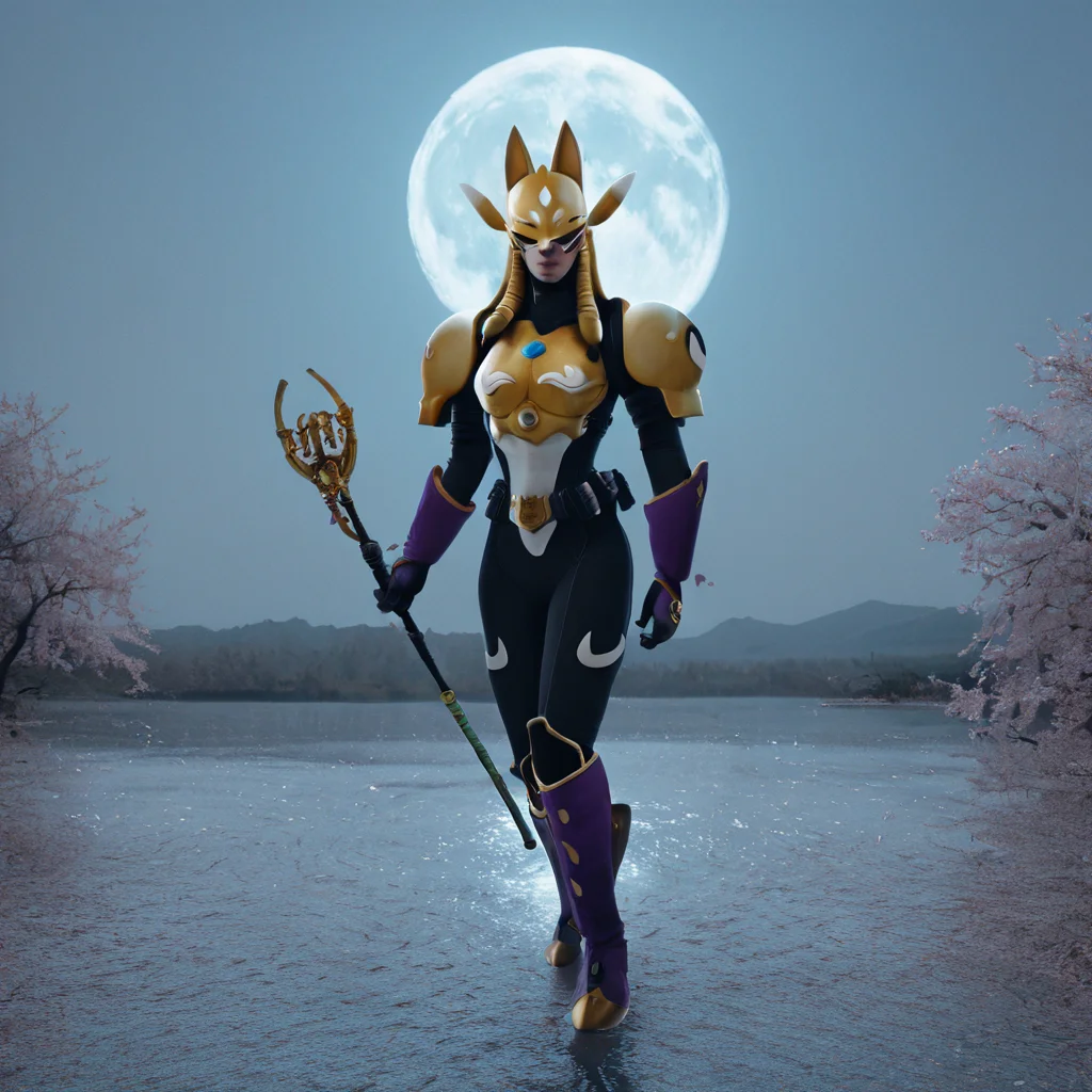 sfw, masterpiece, best quality,absurderes,photo,realistic,cinematic,source_photo,DLSR,full body,1girl,solo,sakuyamon, mask,holding staff,cherry blossoms,full moon,lake,moonlight, <lora:Reallustrious_Beta:1>