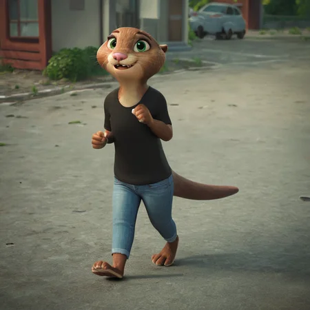 score_9, score_8_up, score_7_up, score_6_up, score_5_up, score_4_up, (Source furry), (rating safe), <lora:Mrsottertonpny:0.7>, solo, 1girl, furry female, animal ears, animal nose, brown fur, otter, green eyes, mrs. otterton, wearing black shirt and jeans, happy expression, walking, outside, 3d, 3d model,