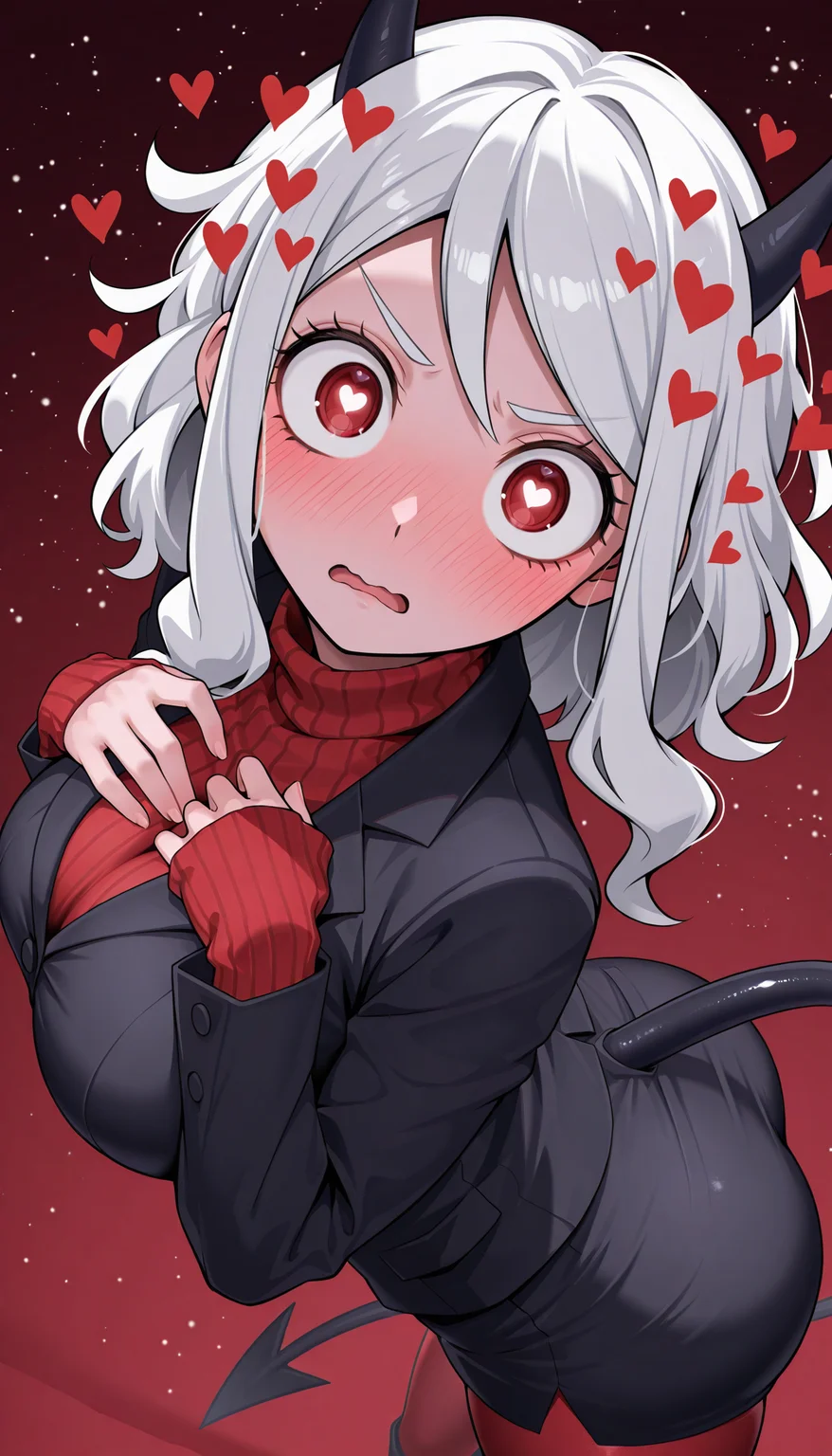 masterpiece, best quality, amazing quality, very aesthetic, high resolution, ultra-detailed, absurdres, newest, scenery, 1girl, solo, cute, modeus\(helltaker\), helltaker, demon girl, black demon tail, red eyes, ringed eyes, huge breasts, v-shaped eyebrows, wide-eyed, open mouth, wavy mouth, black demon horns, short white hair, heavy nose blush, formal black jacket, black suit, skindentation red turtleneck ribbed sweater sleeves past wrists, wide hips, large butt, large ass, business skirt, red pantyhose, black knee boots, hearts, symbol-shaped pupils, heart-shaped pupils, looking at viewer, from above, dutch angle, contrapposto, legs apart, head tilt, hip tilt, twisted torso, leaning forward, diagonal angle, breast suppress from top with own hands, portrait, upper body, close-up, face focus, (fine fabric emphasis, detailed clothes:1.2), heart particles, [red background:helltaker background:11], BREAK, detailed eyes, vignetting, detailed background, depth of field, volumetric lighting, ray tracing