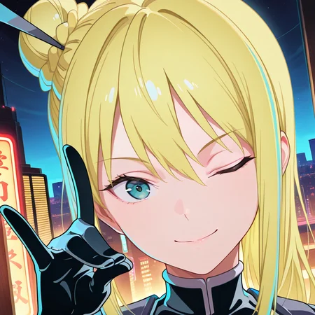 (looking at viewer:1.3),<lora:IL_Nancy_Lee:1>,nin_sly_n,nancy lee,blue eyes,single hair bun,japanese hair stick,
highleg rider_suit,Thigh high boots,utility belt,
fox_shadow_puppet,
1girl,solo,with a golden hue,backlighting,night,moonlight,city lights,neon lights,dutch angle,close-up of face,looking at viewer,one eye closed,hand up,head tilt,upper body,close-up of face,smile,, masterpiece,best quality,amazing quality,very aesthetic,absurdres,
