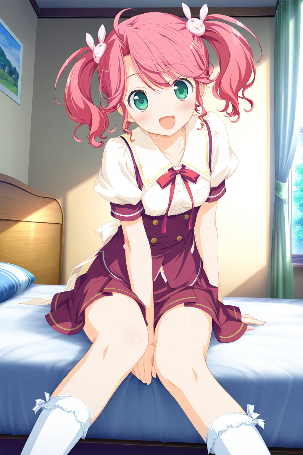 masterpiece,best quality,good quality,rating safe,memorialimouto,kogasaka chinami, 1girl, solo,pink hair, rabbit hair ornament, twintails, hair ornament, green eyes, school uniform,yellow hairclip, short hair,skirt,white socks,game cg,blush,bedroom,sitting on bed,smile,looking at viewer,open mouth