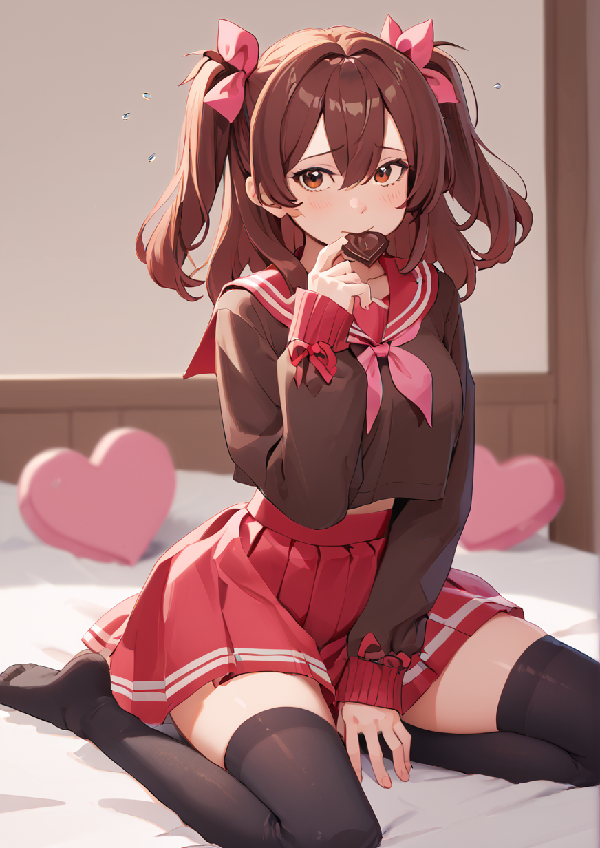 1girl, huge breast, bed, between legs, black thighhighs, blurry, blurry background, blush, bow, brown eyes, brown hair, brown shirt, candy, chocolate, dated, depth of field, flying sweatdrops, food, food in mouth, hair between eyes, hair bow, hand between legs, hand up, heart, heart-shaped chocolate, indoors, long sleeves, looking at viewer, mouth hold, neckerchief, pink bow, pink neckerchief, red sailor collar, red skirt, sailor collar, school uniform, serafuku, shirt, signature, skirt, sleeves past wrists, solo, thighhighs, two side up, valentine, zPDXL3,  handfixer <lora:HandFixer_pdxl_Incrs_v1:1><lora:dNaitari:0.8>