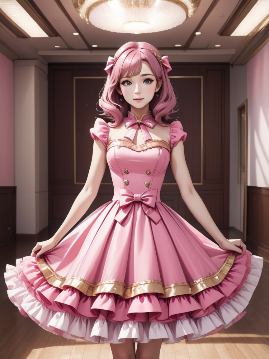 beautiful woman wearing a pink idol dress <lora:xl_n15g_aio_clothing-1.0:0.8>, large room