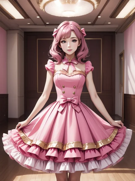 beautiful woman wearing a pink idol dress <lora:xl_n15g_aio_clothing-1.0:0.8>, large room