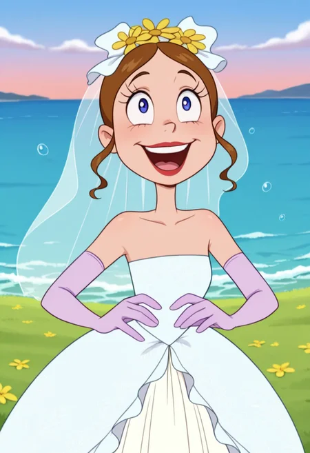 detailed background, solo, 1girl, FtpdMermaid, human, red lipstick, brown hair let down, blue and white wedding dress, white bridal veil, purple gloves, yellow flower on veil, holding Bucay of roses, happy, (((expressive))), head movement, solo, ((body movement, hand movement)), wedding, wedding scenery, outdoors, on hill, ocean in background, beautiful sky, scenery, bubbles, detailed scenery, masterpiece, best quality, amazing quality, absurdres, newest, high res, ultra detailed, best quality, best artwork, detailed eyes, (eyes focus), perfect eyes, big iris, pupils visible, 4k, ultra quality, perfect face