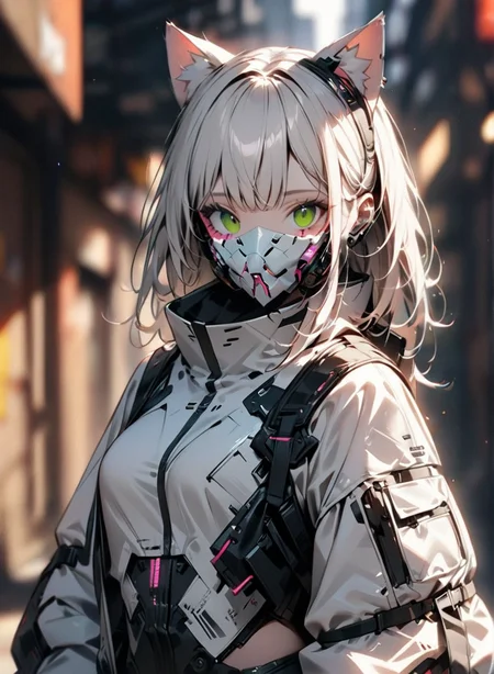 masterpiece,high resolution,shadow detail,natural light,
techwear, 
 1girl, solo, , blurry background, cyberpunk, looking at viewer,,cat ears,white clothes,front view,robot mask
 <lora:TechWearXL:0.8>