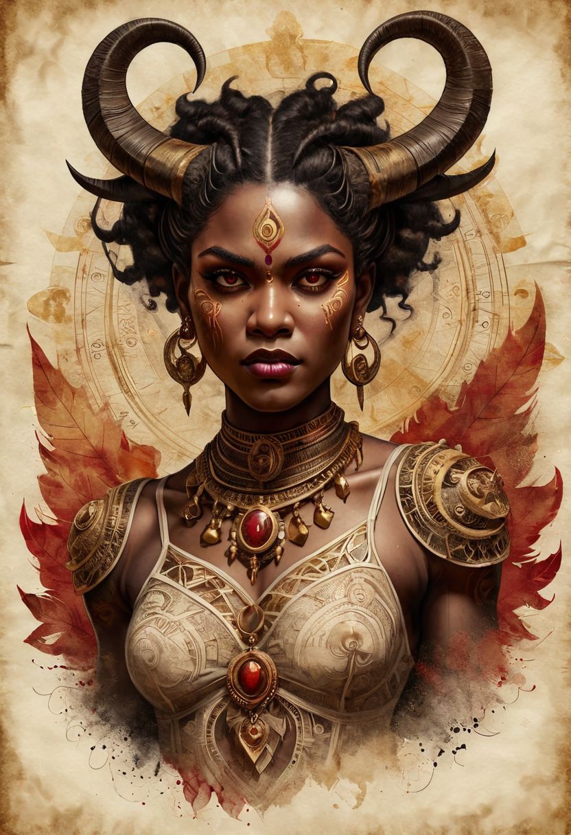 Ink and watercolor illustration on old yellowed parchment. Handmade rendering. Tarot card style. upper body ,Volcano, African-typed Female demon, muscular, black hair, dark flesh, deep red eyes, peaceful, mouth showing fangs, gold goat horns, demon wings,  dark canvas shaman clothes with gold plating, tribal aesthetic; tattoos, eye focus