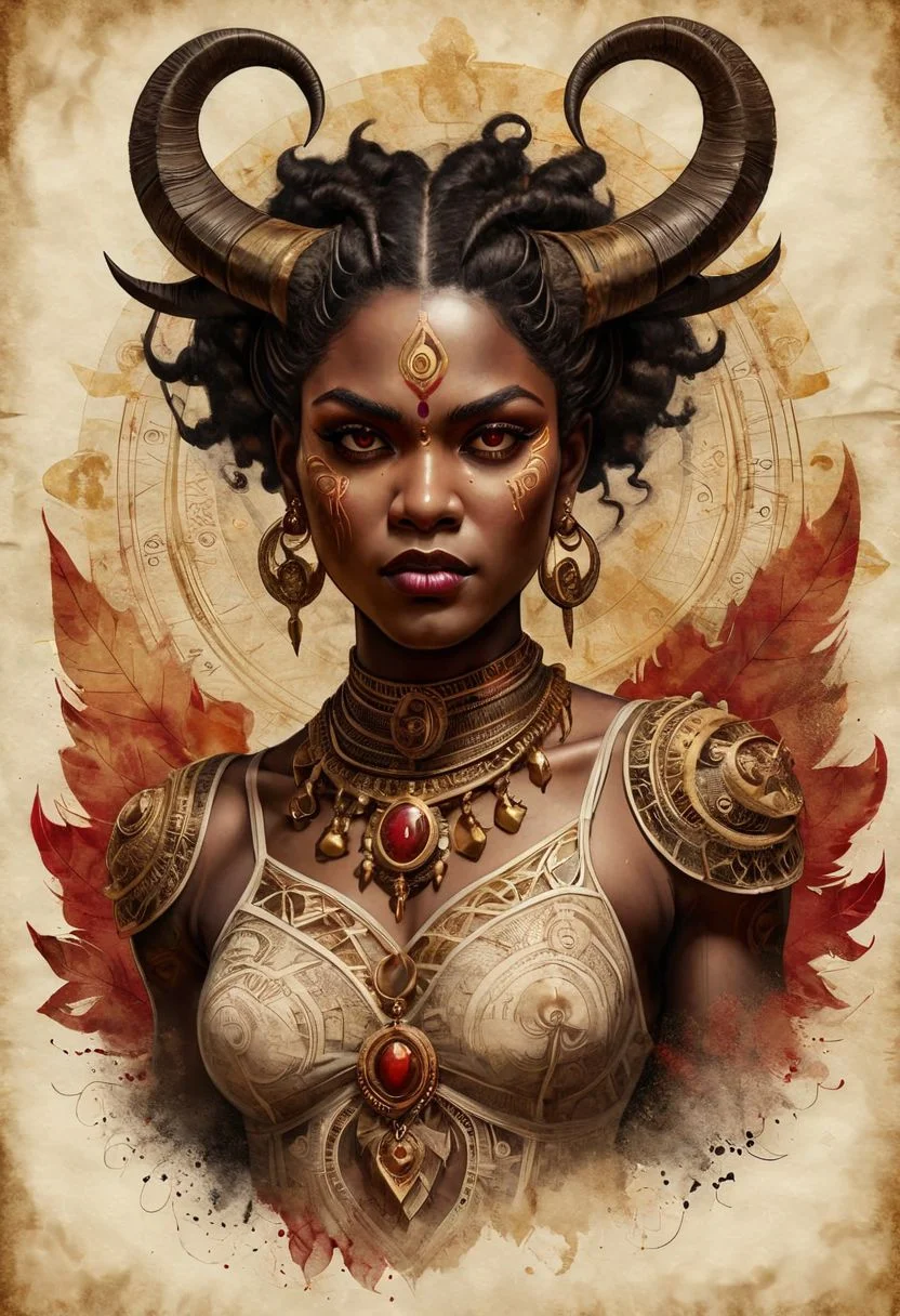 Ink and watercolor illustration on old yellowed parchment. Handmade rendering. Tarot card style. upper body ,Volcano, African-typed Female demon, muscular, black hair, dark flesh, deep red eyes, peaceful, mouth showing fangs, gold goat horns, demon wings,  dark canvas shaman clothes with gold plating, tribal aesthetic; tattoos, eye focus