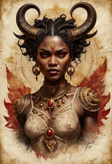 Ink and watercolor illustration on old yellowed parchment. Handmade rendering. Tarot card style. upper body ,Volcano, African-typed Female demon, muscular, black hair, dark flesh, deep red eyes, peaceful, mouth showing fangs, gold goat horns, demon wings,  dark canvas shaman clothes with gold plating, tribal aesthetic; tattoos, eye focus