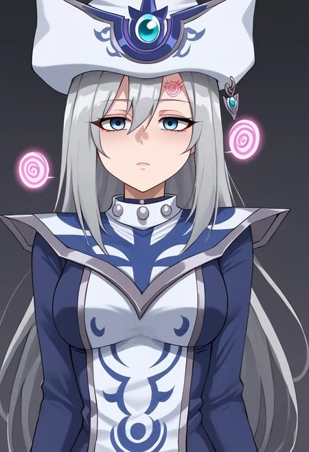 Silent magician hypnotized by tattoo,
score_9, source anime, lewd, 1girl,
mind control, hypnotized, empty eyes, dull eyes,
(spiral shaped tattoo, pink glowing tattoo), tattoo on forehead, glowing writing,
silent magician, grey hair, long hair, blue eyes, hat,
