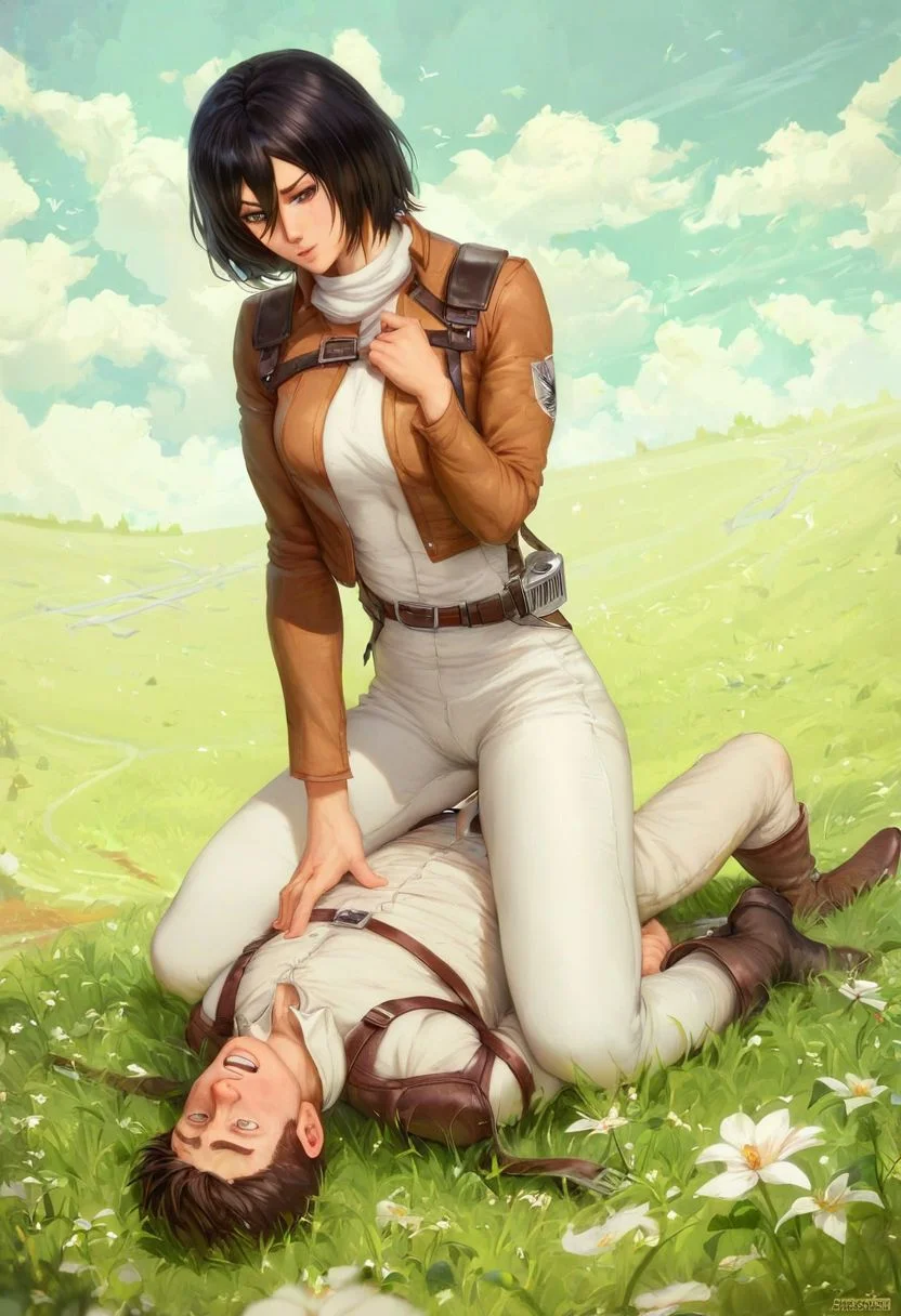 Femdom, girl on top, Mikasa Ackerman pins Eren against the floor in a field of grass with a village in the background , 1girl (mikasa Ackerman, strong, dominant female, on top fit, very dominant, white romper ), 1boy (eren, defeated, bottom, submissive male, loser) score_9, score_8_up, highly detailed, realistic, full body portrait, hetero, fFaceDetail