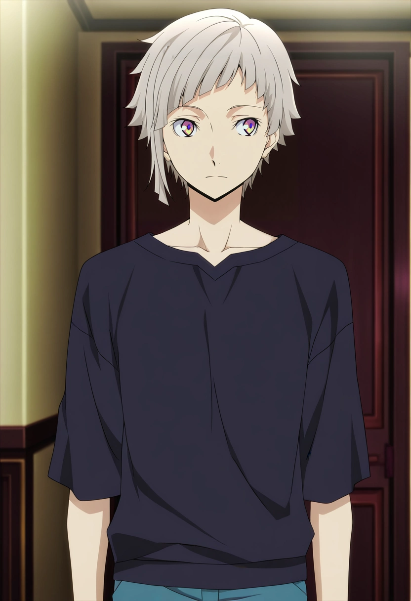 masterpiece, best quality, anime screencap, official style, anime coloring, cowboy shot, 1boy, solo, male focus, <lora:atsushi_nakajima_ilxl:0.9>, atsushi_nakajima, grey hair, yellow eyes, multicolored eyes, purple eyes, short hair, ,