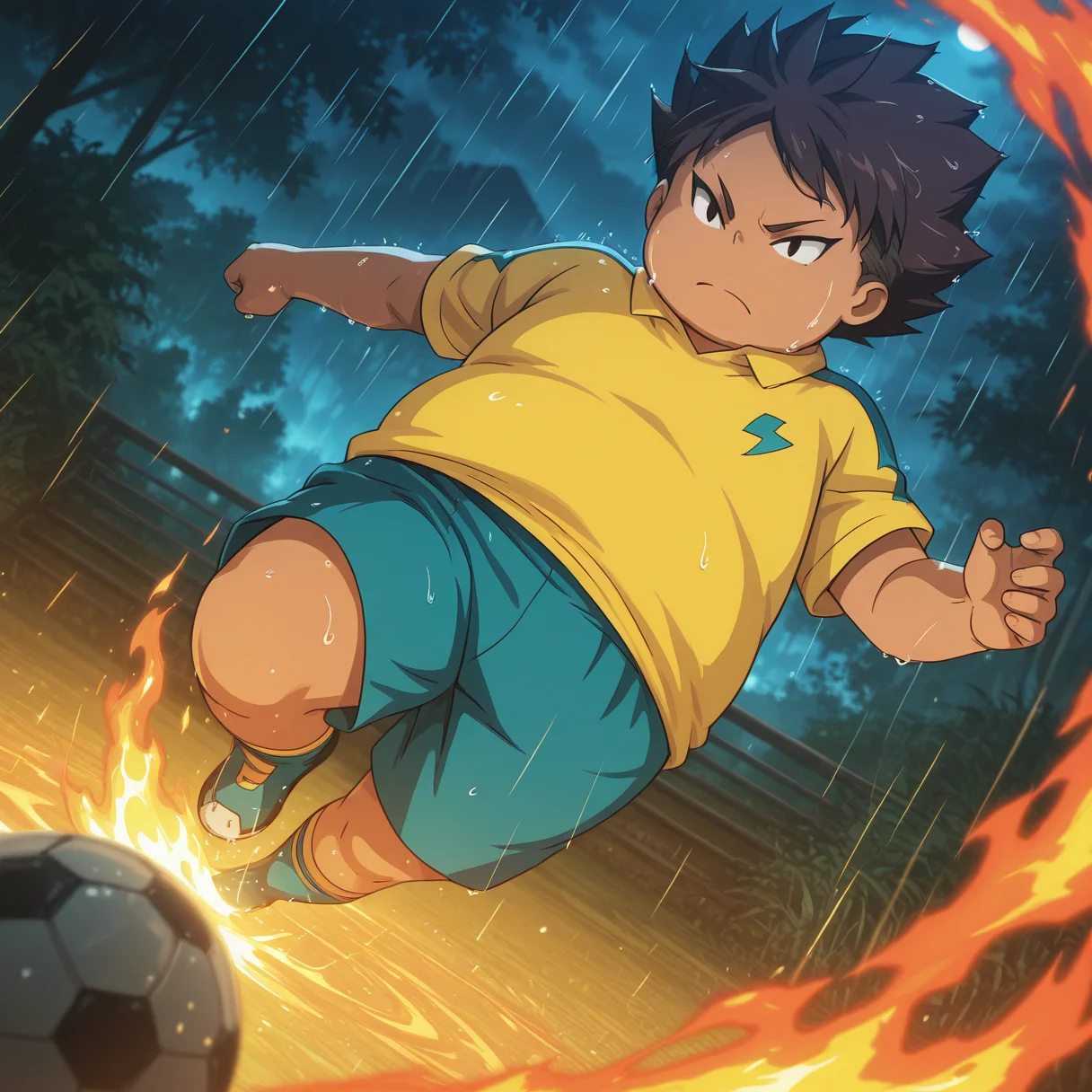 radiant reflections, rich color tones, deep contrast, intricate textures, luminous lighting, cinematic ambiance, shimmering gradients, ethereal glow, best quality, colorful, masterpiece, detailed_background, <lora:kozomaru-v2-10:1> fkozomaru, 1boy, young, chubby, raimon_soccer_uniform, outdoors, night, serious, solo focus, rain, wet body, wet, wet hair, wet clothes, serious, 
, flaming_kick, dynamic_pose, fire_effects, (spiral_flames around body:0.5), blazing_light, action_scene, dutch angle, 
, soccer, inverted pose, (kicking soccer ball), midair, (soccer ball on feet)