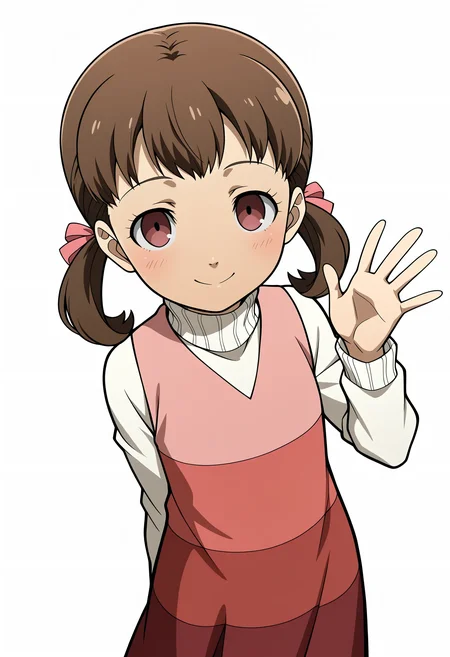 1girl, doujima nanako, brown hair, low twintails, brown eyes, pink dress, white sleeves, red skirt, white socks, red shoes, 
little smile, closed mouth, looking at viewer, standing, cowboy shot, looking at viewer, hand up, waving, general, white background, 
<lora:LECO-white_background_XL(ill)v10:-15> 
masterpiece, best quality, absurdres, unity 8k wallpaper, official art, official style, source_anime, uncensored, anime screencap, anime coloring, (ai-generated:0.6), 
<lora:P4-doujima_nanako_XL(ill)v10:1>