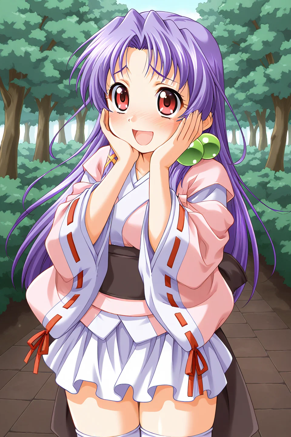 masterpiece, best quality, absurdres, official art, official style, general BREAK <lora:shizuna-torakapu_IL_v1-1:0.7>, shizuna, 1girl, solo, red eyes, purple hair, very long hair, parted bangs, hair intakes, sidelocks, hair bobbles, hair ribbon, x hair ornament, medium breasts, no headwear, japanese clothes, pink kimono, short kimono, long sleeves, wide sleeves, detached sleeves, red ribbon, ribbon-trimmed sleeves, obi, black sash, back bow, black bow, white skirt, miniskirt, pleated skirt, kimono skirt, open mouth, hands on own cheeks, :d, zettai ryouiki, happy, cowboy shot, standing, white thighhighs, embarrassed, collarbone, nose blush, raised eyebrows, looking up, glad, outdoors, scenery, forest