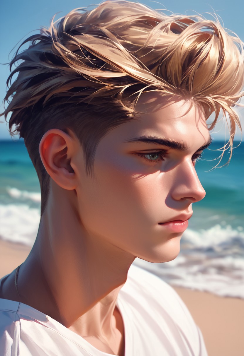 score_9,score_8_up,score_7_up, 20 yo twink posing, beach, hyperdetailed photography, headshot, comb over hair