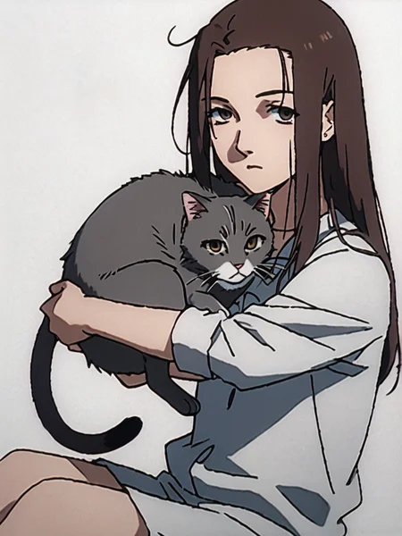 woman, 20 y/o, 20 year old woman, score_7_up, score_8_up, score_9, BREAK masterpiece, perfect hands, high quality, white background, <lora:Iwakura_Mika_PDXLv0b:0.75> iwakura mika, skinny, looking at viewer, sitting, (bags under eyes:0.4), tired, messy hair, hug cat, grey cat,