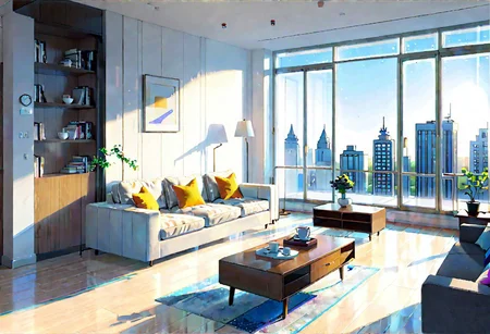 ((front view)), (Close-Up View), (Rule of Thirds), ((animation style)), modern-style interior, white walls, ((large windows)), wooden floor, a study, Sofa, coffee table, bookcase, single wall,
warm light morning sun, (((City high-rise building scenery))), (((clear sky)))
