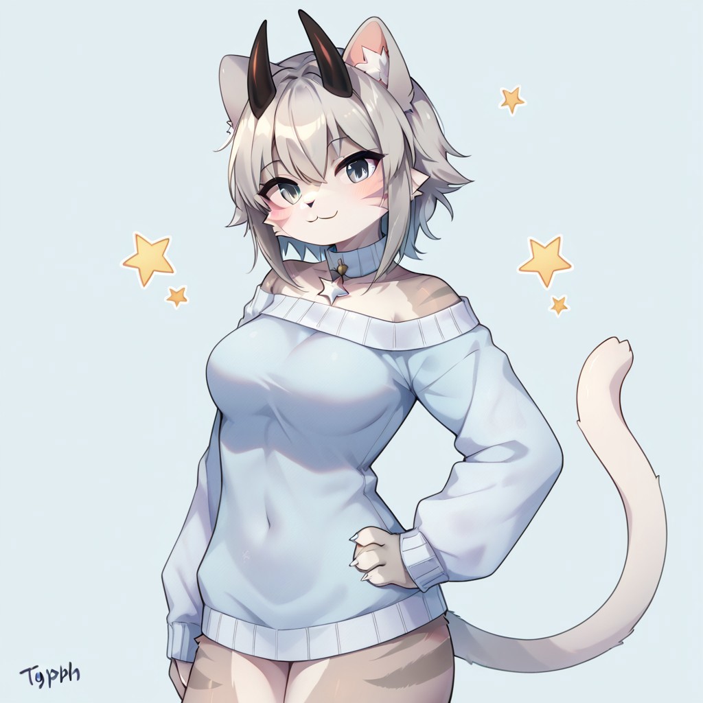 gray sweater, standing, hands on hip, smile, looking at viewer, from right side, light blue background, stars,
score_9, score_8_up, score_7_up, furry, source_furry, cat girl, Cat Typh, Cat tail, Animal tail, Cat ears, Animal ears, 2 black horns, gray hair, grey eyes, gray skin, detailed, full color, saturated