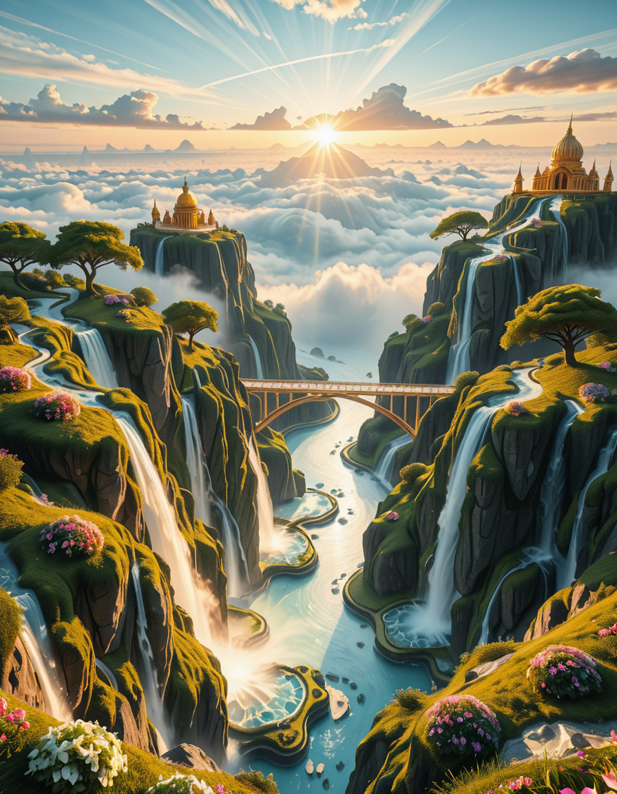 A mesmerizing celestial background featuring an otherworldly paradise. Towering crystalline mountains with peaks that glow softly under a sky painted in shifting hues of iridescent blues, pinks, and golds. Rivers of liquid light flow through vast, open meadows filled with luminescent flowers that pulse with a gentle glow. Gigantic, translucent trees with silver leaves sway in a breeze that carries floating particles of golden dust. Suspended bridges made of shimmering energy connect ancient, floating monoliths engraved with intricate celestial patterns. In the distance, an enormous radiant waterfall cascades into a bottomless, mist-covered abyss, reflecting the surrounding ethereal glow. A tranquil atmosphere, untouched and divine, filled with an overwhelming sense of wonder and serenity.
<lora:SDXLFaeTastic2400:0.4> <lora:extremely_detailed:0.4> extremely detailed,heavenly l4ndsc4p3, <lora:heavenly_l4ndsc4p3-i:1>, Masterpiece,best quality,hi res,8k,hi res,8k,award winning,(sharp focus, intricate, highly detailed),