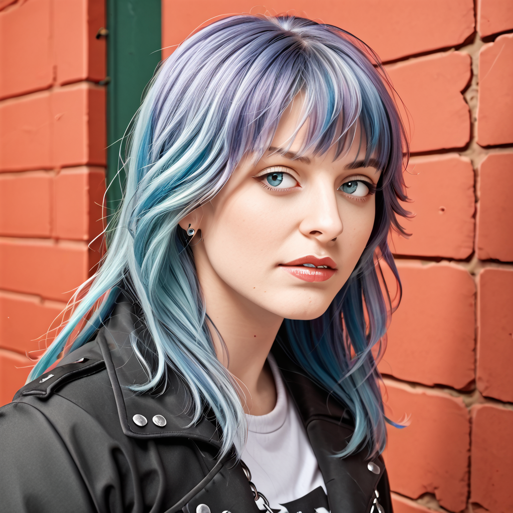 1girl, portrait, wolfcut, bangs, long layered hair, multicolored hair, 
(Wrapped in a sleek leather jacket, accentuated by silver studs and chains, emanating a fierce and edgy aura), (A dimly lit alleyway, with shadows lurking in the corners, exuding an atmosphere of calculated intensity: 1.3), (seductive:1.3),(analog, cinematic, film grain, hazy atmosphere, cinematic shot:1.3),
<lora:concept_hairstyle_grungeFlair_pdxl_v10-wolfCut-000004:1.4>